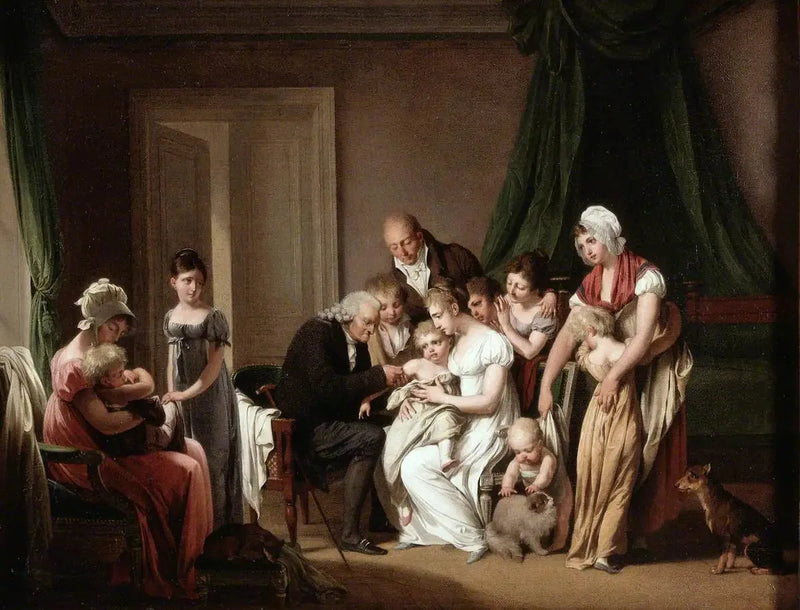 En mann vaksinerer et ungt barn holdt av sin mor, under observasjon av andre familiemedlemmer - Louis-Léopold Boilly

Source:
Un homme vaccine un jeune enfant tenu par sa mère, sous le regard d'autres membres de la famille - Louis-Léopold Boilly