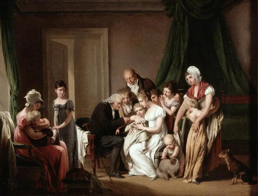 En mann vaksinerer et ungt barn holdt av sin mor, under observasjon av andre familiemedlemmer - Louis-Léopold Boilly

Source:
Un homme vaccine un jeune enfant tenu par sa mère, sous le regard d'autres membres de la famille - Louis-Léopold Boilly