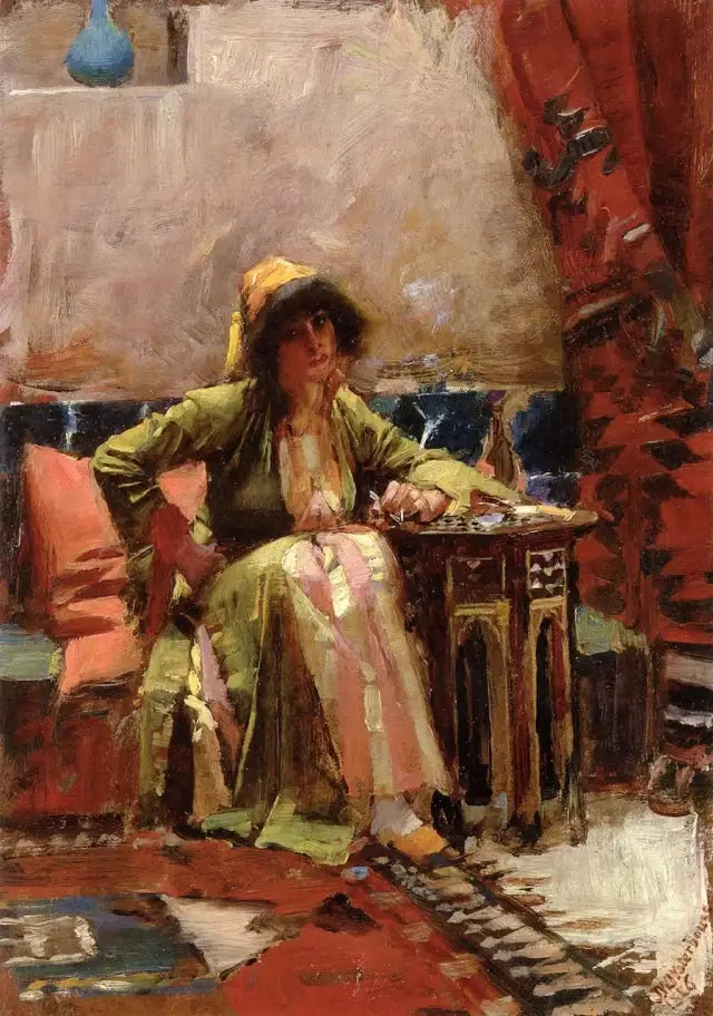 Et orientalsk interiør med en jente som sitter - John William Waterhouse