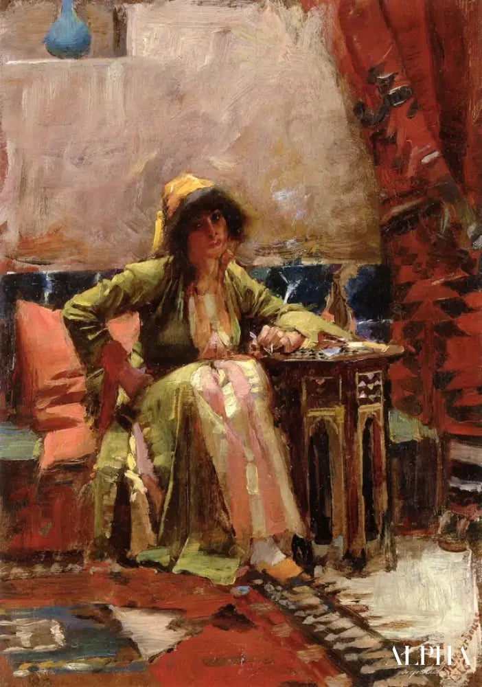 Un intérieur oriental avec une fille assise - John William Waterhouse Reproductions de tableaux à la peinture à l’huile