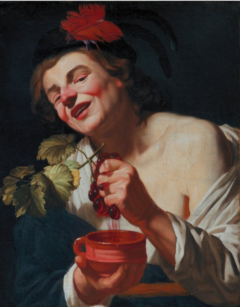 En ung mann som tramper druer i en kopp (en allegori om smak?) - Gerrit van Honthorst