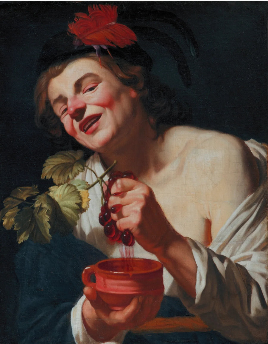 En ung mann som tramper druer i en kopp (en allegori om smak?) - Gerrit van Honthorst