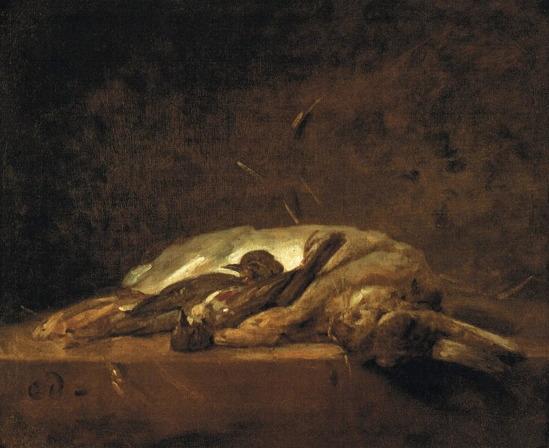 En kanin, to døde troster og noen strå med høy på et steintabell - Jean Siméon Chardin