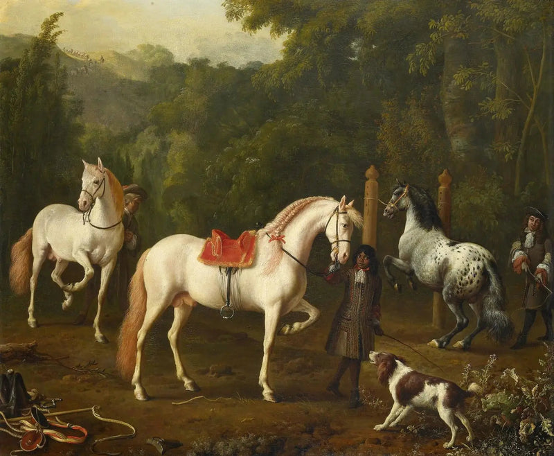 En hestepasser hjelper en ridelærer i ridehallen - Melchior de Hondecoeter