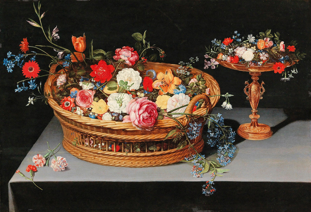 Un panier de fleurs mélangées avec une tasse à proximité - Jan Brueghel le Jeune image 1 reproduction réalisée par Alpha Reproduction
