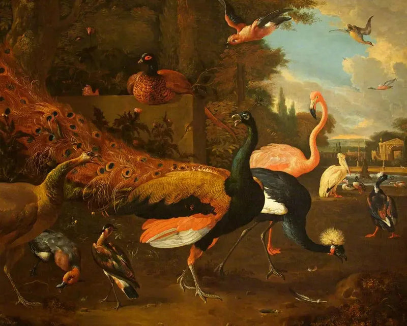 En påfugl og en påfuggjente med en stork, en rosa flamingo, en pelikan og andre fugler, i en park - Melchior de Hondecoeter
