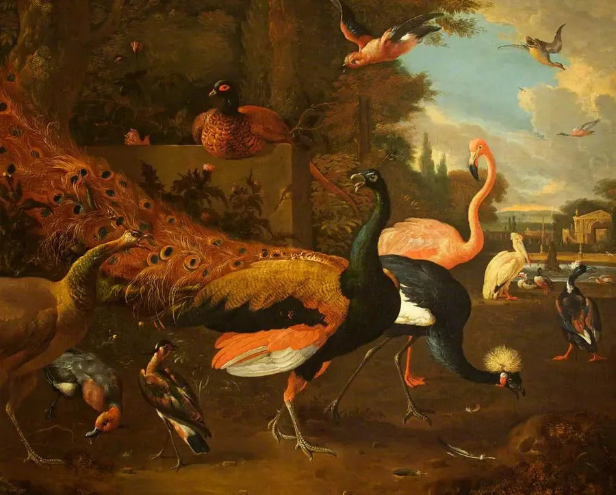 En påfugl og en påfuggjente med en stork, en rosa flamingo, en pelikan og andre fugler, i en park - Melchior de Hondecoeter