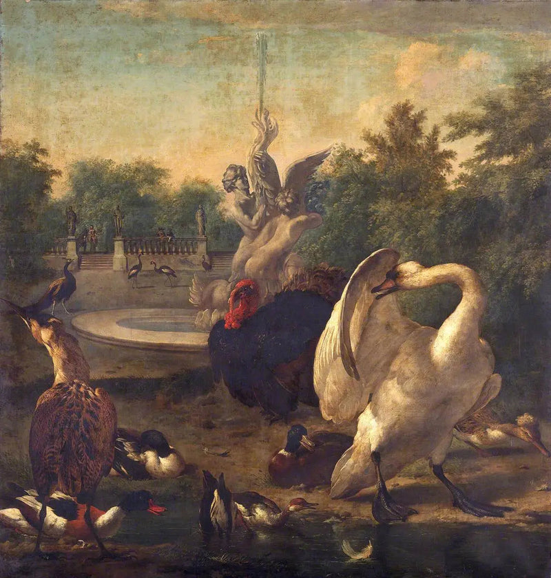 En park med en svane og andre fugler - Melchior de Hondecoeter