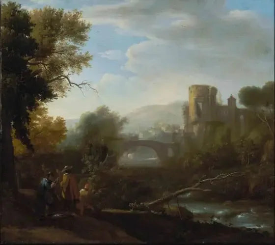 Et landskap med Tivoli og Vesta-tempelet, jegere og en kunstner som tegner i forgrunnen - Claude Lorrain
