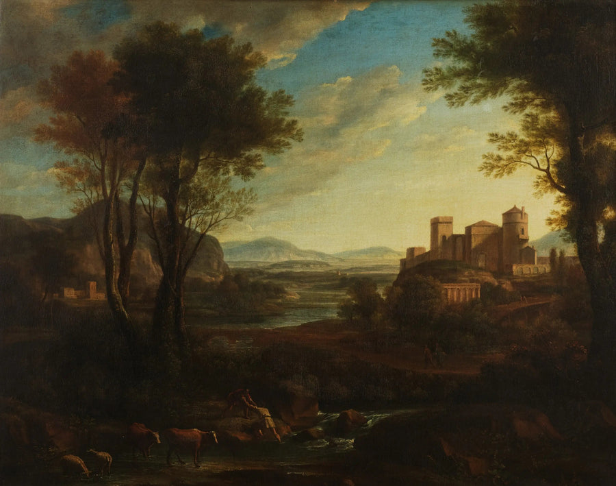 Et klassisk landskap med personer som krysser en bekk - Claude Lorrain