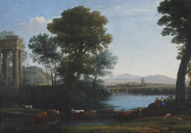 Et klassisk landskap med husdyr som krysser en bekk - Claude Lorrain