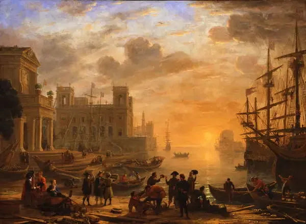 En havneutsikt ved solnedgang - Claude Lorrain