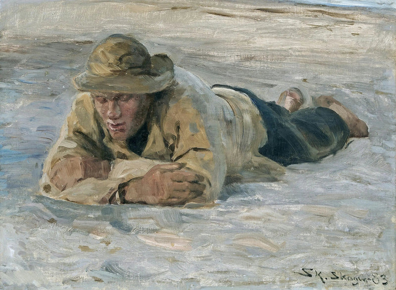 En fisker som hviler i sanden, brystet mot armene - Peder Severin Krøyer