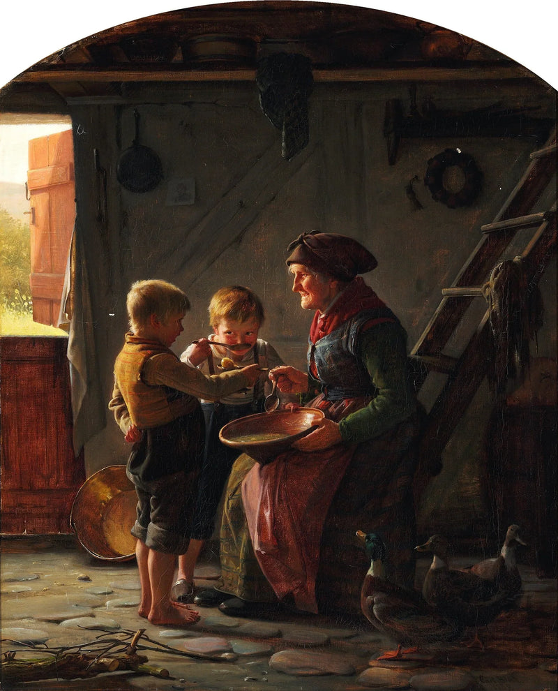 Et måltid. To gutter og en bestemor smaker på potetsuppen. - Carl Heinrich Bloch