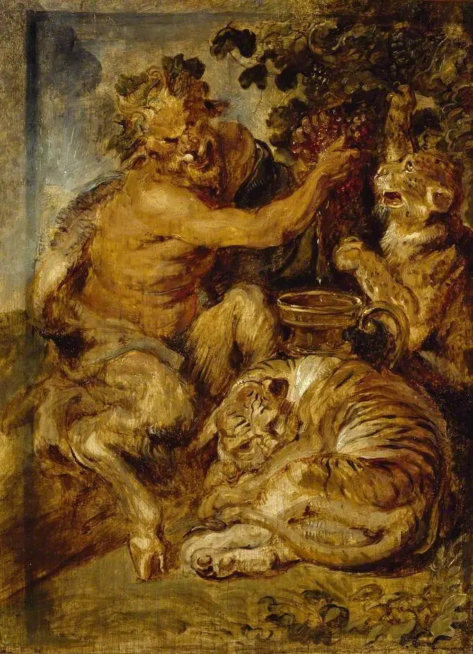 Un satyre pressant des raisins avec un tigre et un léopard - Peter Paul Rubens image 1 reproduction d’œuvre d’art à l’huile