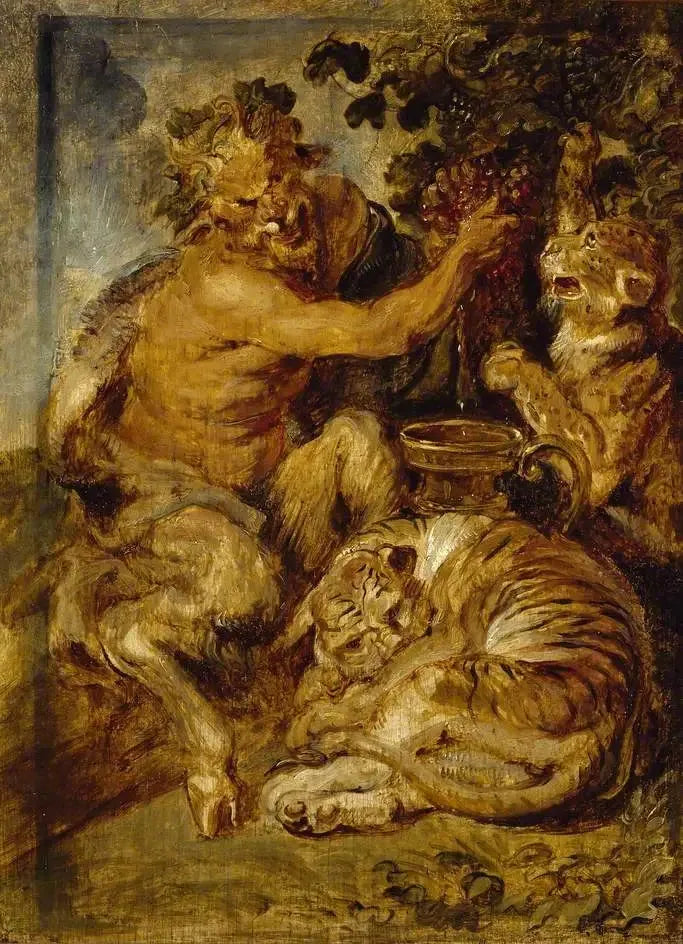 En satyr som presser druer med en tiger og en leopard - Peter Paul Rubens