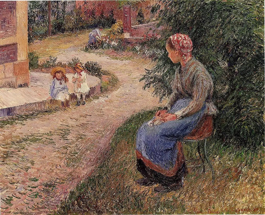 En tjener som sitter i Eragny-hagen - Camille Pissarro
