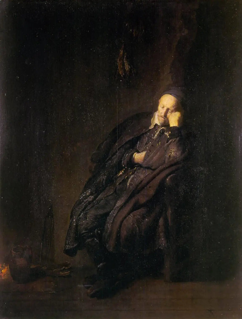 En gammel mann sover nær - Rembrandt