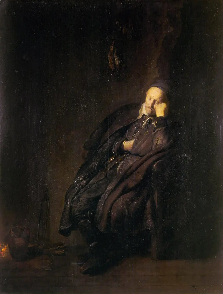En gammel mann sover nær - Rembrandt