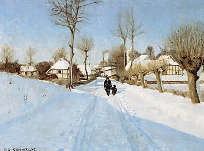 En gammel mann og en liten jente mellom hus med stråtak. - H. A. Brendekilde

Source:
Un vieil homme et une petite fille entre des maisons au toit de chaume. - H. A. Brendekilde