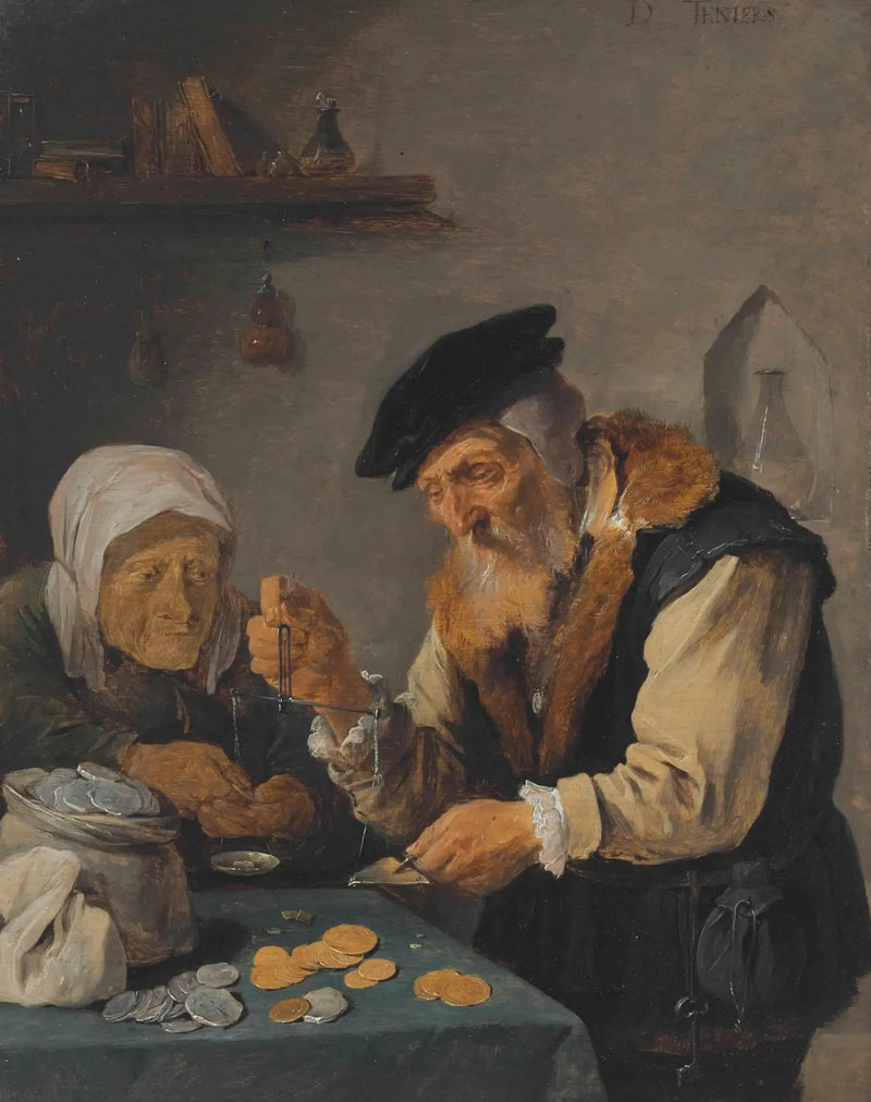 En gammel mann og en gammel kvinne veier mynter - David Teniers den Yngre

Source:
Un vieil homme et une vieille femme pèsent des pièces de monnaie - David Teniers le Jeune