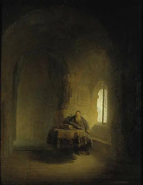 En gammel lærde ved et vindu i et hvelvet rom - Rembrandt