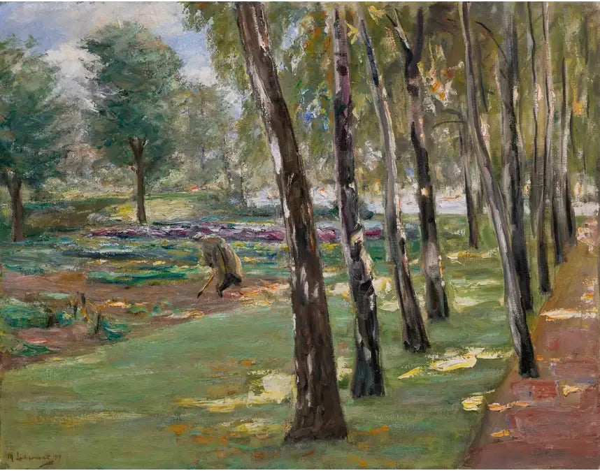 En allé av bjørketrær i Wannsee-hagen, utsikt over en kålåker - Max Liebermann