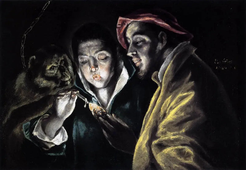 En allegori med en gutt som tenner et lys i selskap med en ape og en klovn - El Greco