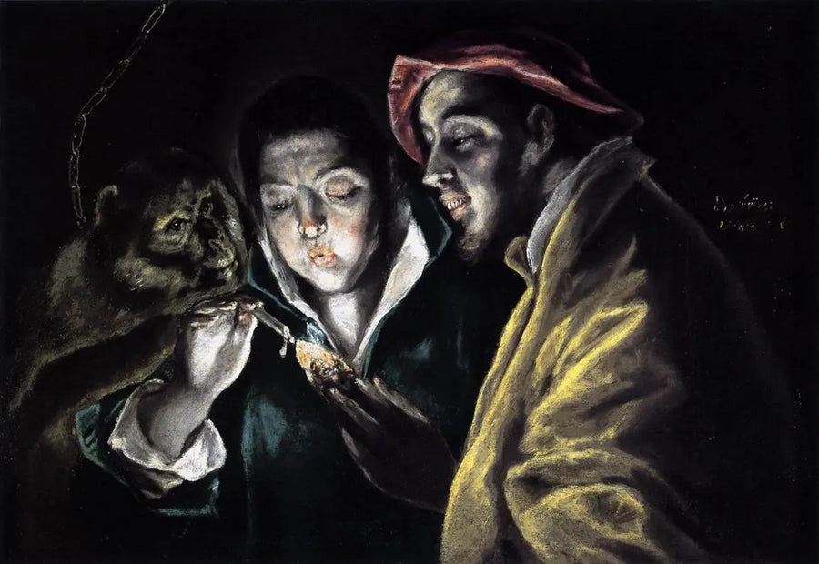 En allegori med en gutt som tenner et lys i selskap med en ape og en klovn - El Greco