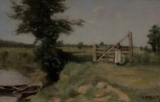 En gjerde i enga ved bredden av en kanal. Omgivelser rundt Abbeville - Jean-Baptiste Camille Corot