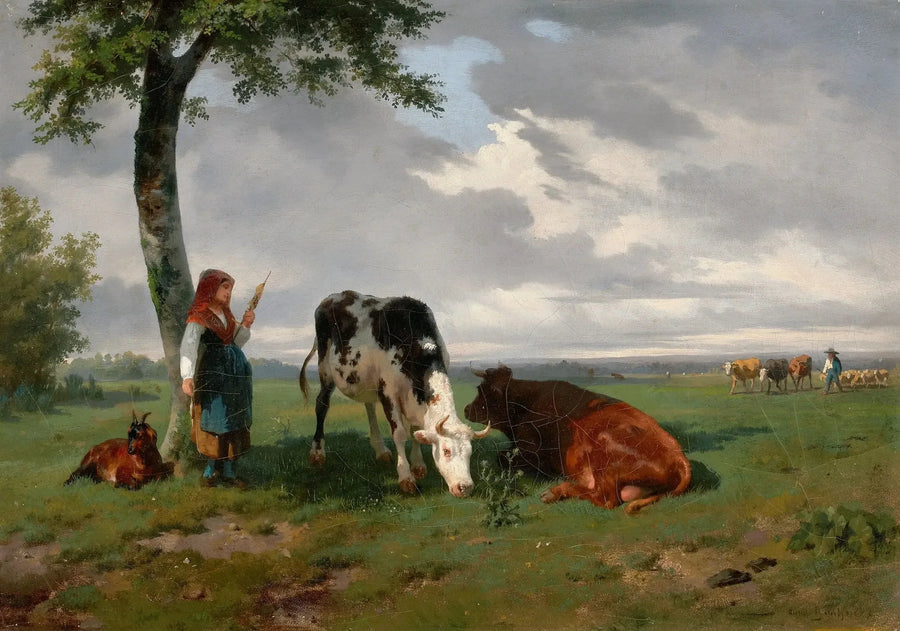 En gjeterkone med en geit og to kuer på en eng - Rosa Bonheur