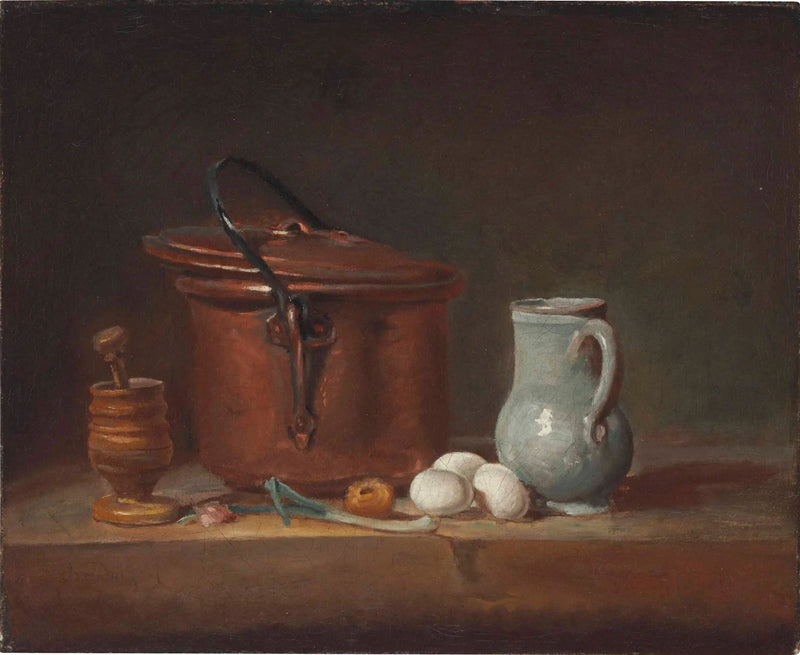 En kobbergryte, en morter og en støter, en kanne, en vårløk, egg og en løk på en hylle - Jean Siméon Chardin
