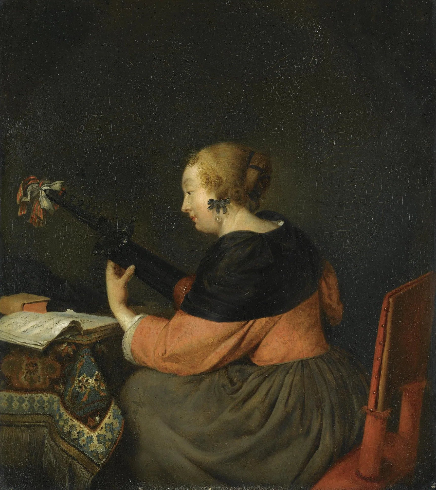 Une dame assise jouant du luth - Gerard ter Borch image 1 copie de tableau peinte à la main