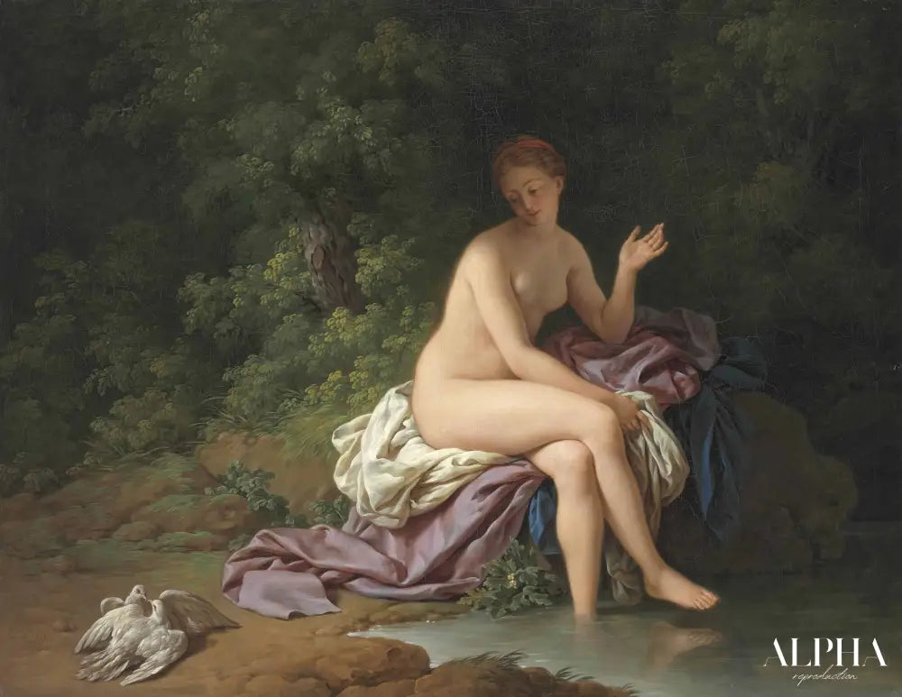 Une dame se baignant au bord d'une rivière, avec deux tourterelles - Louis Jean François Lagrenée - Reproductions de tableaux et peintures haut de gamme