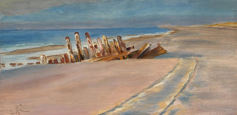 En skipsvrak på den nordlige stranden av Skagen. Dype hjulspor i sanden. - Peder Severin Krøyer