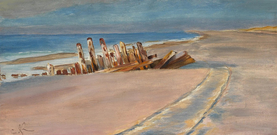 En skipsvrak på den nordlige stranden av Skagen. Dype hjulspor i sanden. - Peder Severin Krøyer