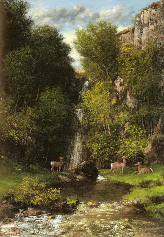 En familie med hjorter i et landskap med et fossefall - Gustave Courbet