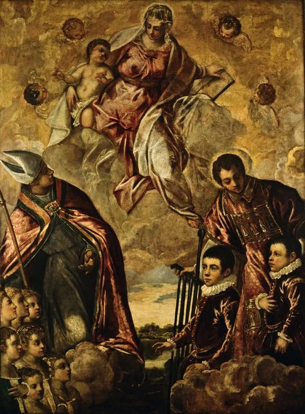 En venetiansk familie presentert for Jomfruen av San Lorenzo og en helgenbiskop - Jacopo Tintoretto
