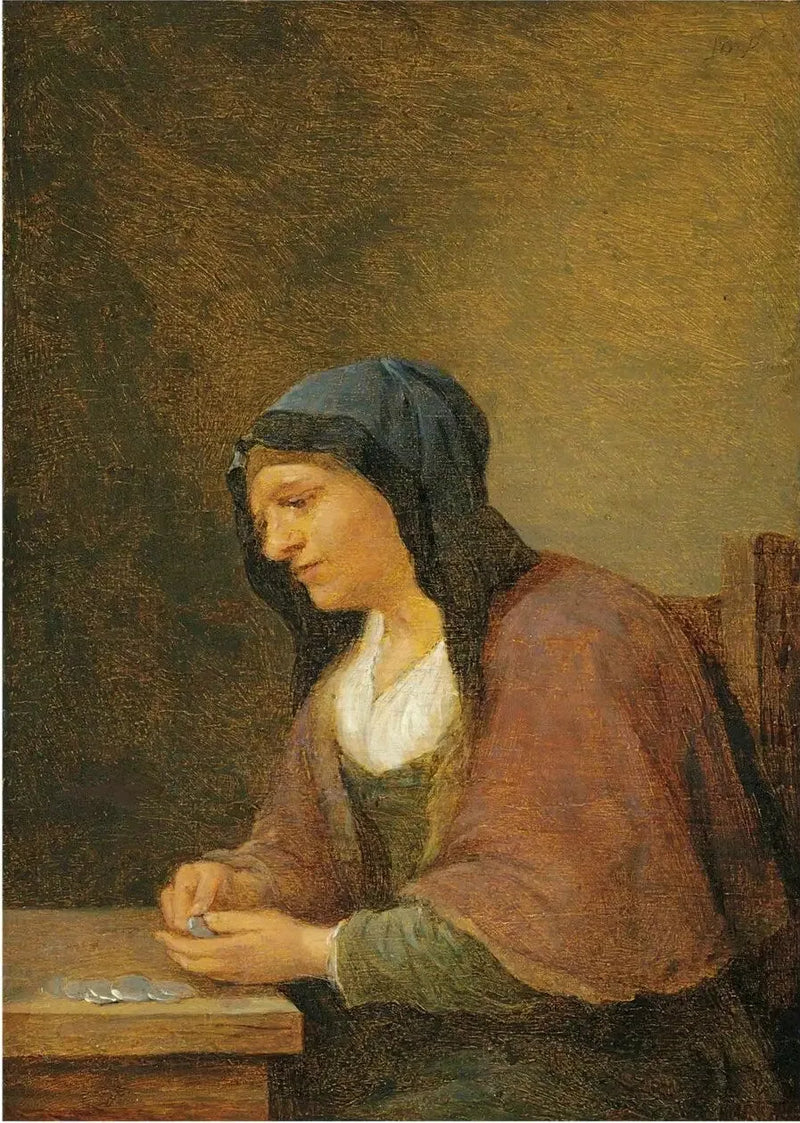 En kvinne som teller penger - David Teniers den Yngre

Source:
Une femme comptant de l'argent - David Teniers le Jeune