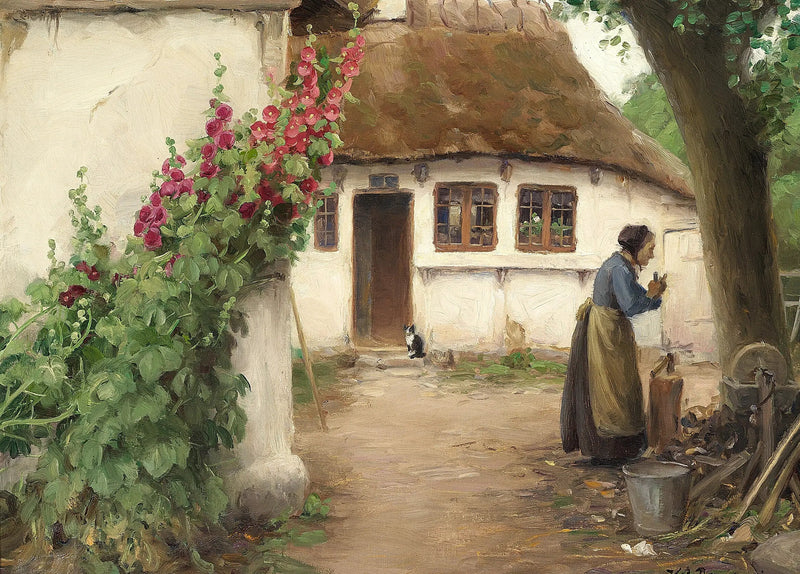 En kvinne på en gård med røde revebjeller. - H. A. Brendekilde

Source:
Une femme dans une ferme avec des roses trémières rouges. - H. A. Brendekilde