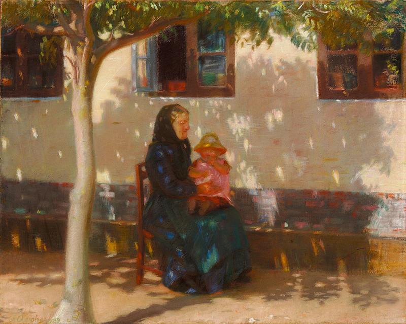 Une femme de Skagen assise avec le bébé Helga Ancher devant une maison blanche. - Anna Ancher