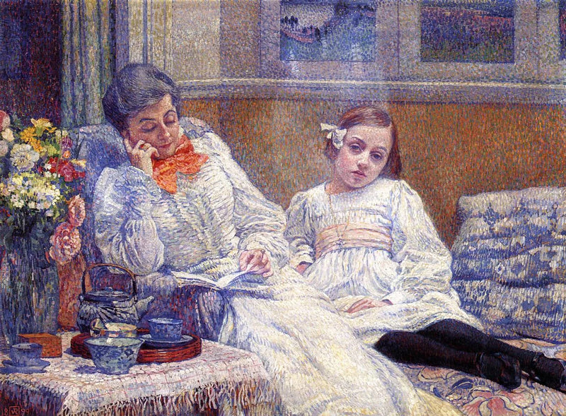 En kvinne som leser og en liten jente - Théodore van Rysselberghe