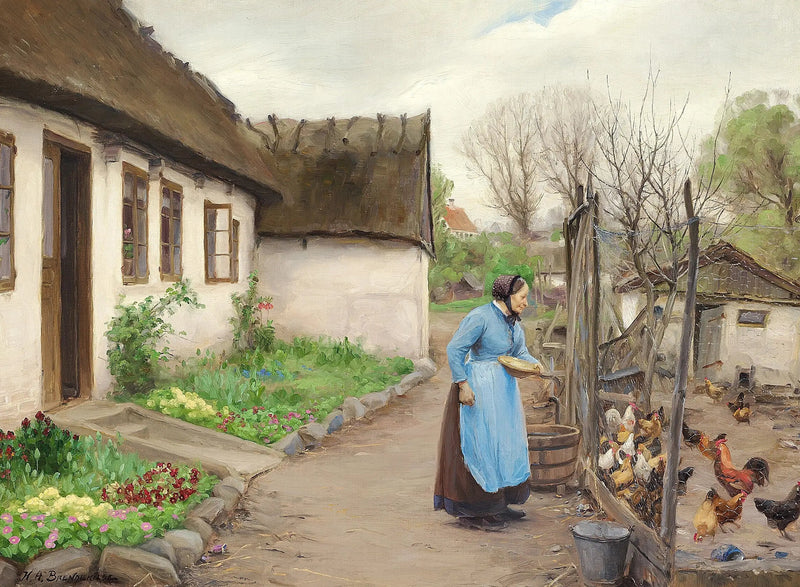 En kvinne som mater høner foran en hvit kalksteinsgård en høstdag. - H. A. Brendekilde

Source:
Une femme nourrissant des poules devant une ferme blanche et calcaire un jour d'automne. - H. A. Brendekilde
