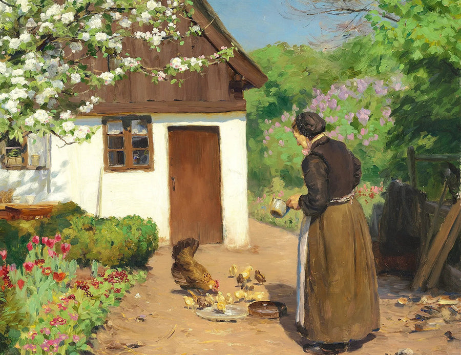 En kvinne mater høner foran en hvit kalksteinsgård en sommerdag. - H. A. Brendekilde

Source:
Une femme nourrit des poules devant une ferme blanche et calcaire un jour d'été. - H. A. Brendekilde