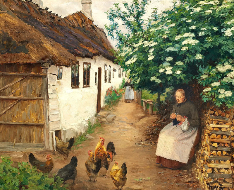 En kvinne strikker ved siden av et gammelt hus. - H. A. Brendekilde

Source:
Une femme tricote près d'une vieille maison. - H. A. Brendekilde