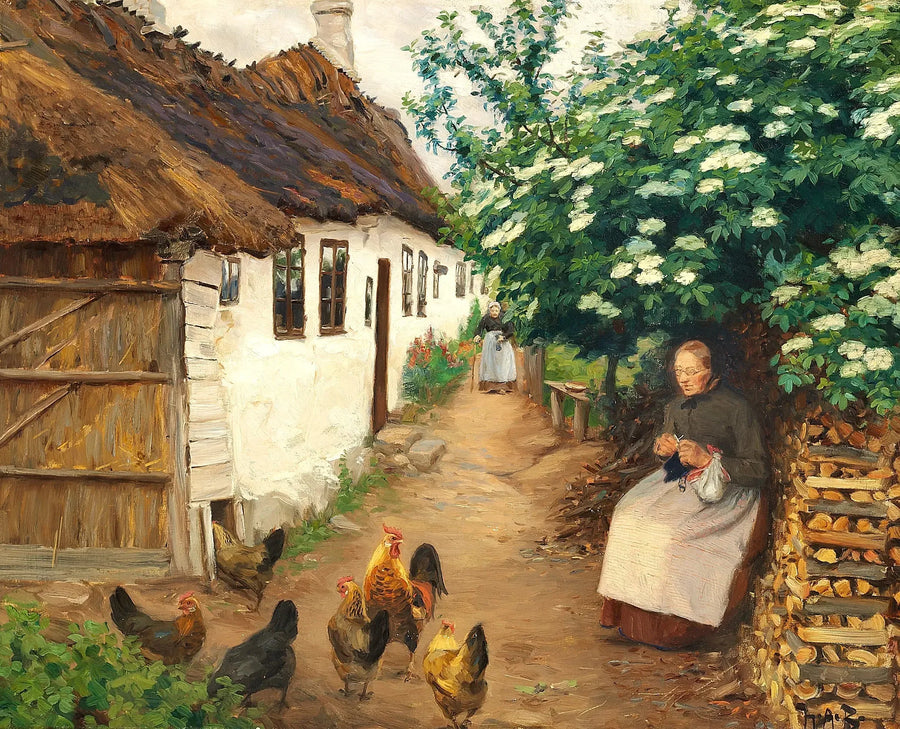 En kvinne strikker ved siden av et gammelt hus. - H. A. Brendekilde

Source:
Une femme tricote près d'une vieille maison. - H. A. Brendekilde