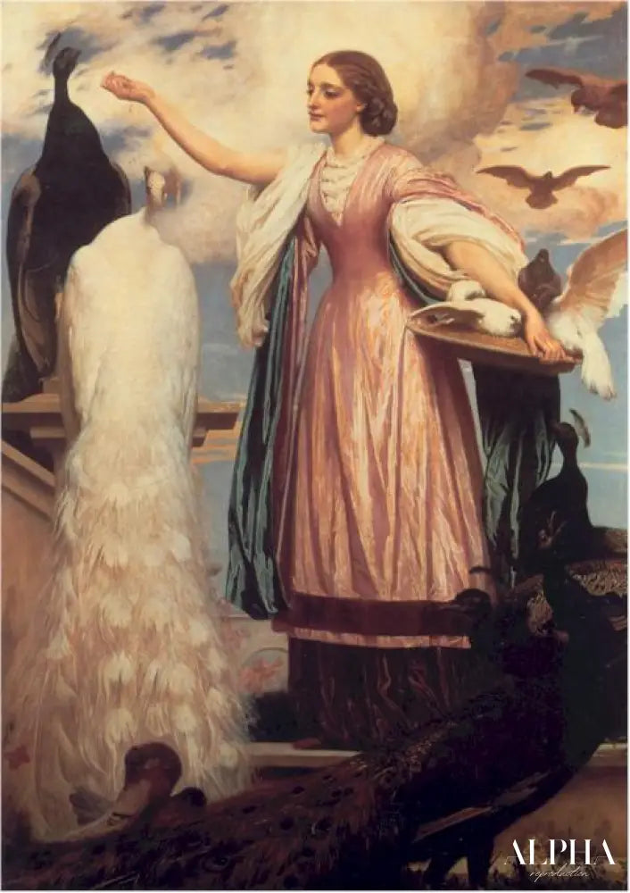 Une fille nourrissant des paons - Frederic Leighton Reproductions de tableaux à la peinture à l’huile