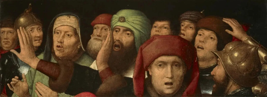 En hånende folkemengde: fragment av en hån mot Kristus - Hans Memling