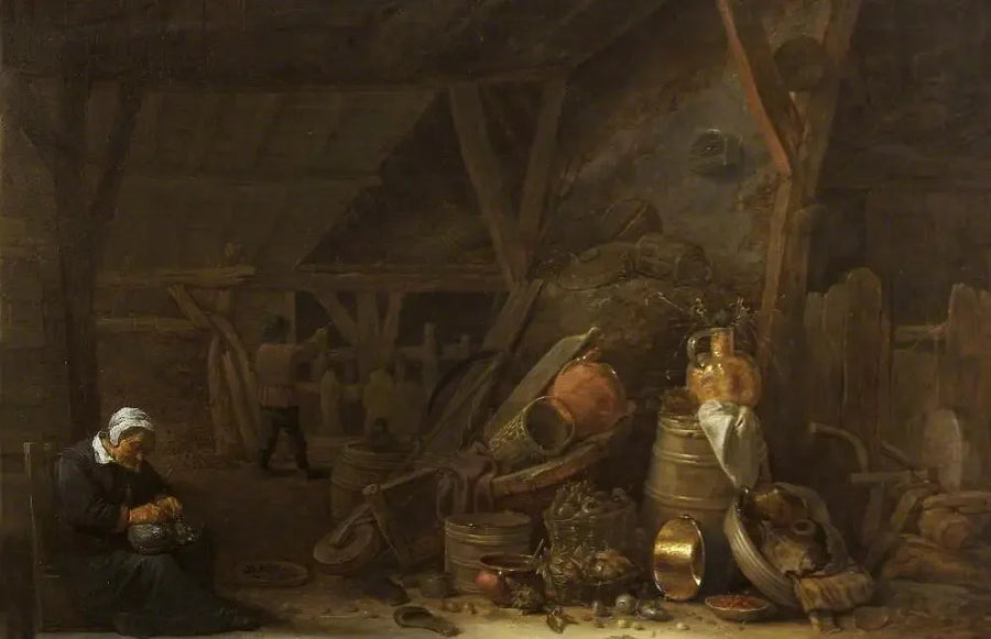 En låve med en stilleben av kjøkkenutstyr og en sovende kokk - David Teniers den Yngre

Source:
Une grange avec une nature morte d'ustensiles de cuisine et un cuisinier endormi - David Teniers le Jeune