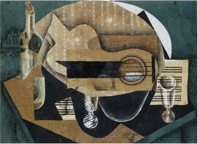 En gitarre, glass og en flaske - Juan Gris